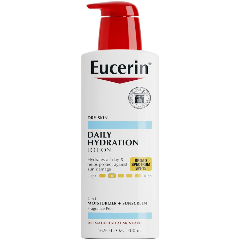 Eucerin Daily Hydration SPF 15 Body Lotion in 16.9 oz unscented bottle, moisturizing and protecting skin with broad spectrum sun protection