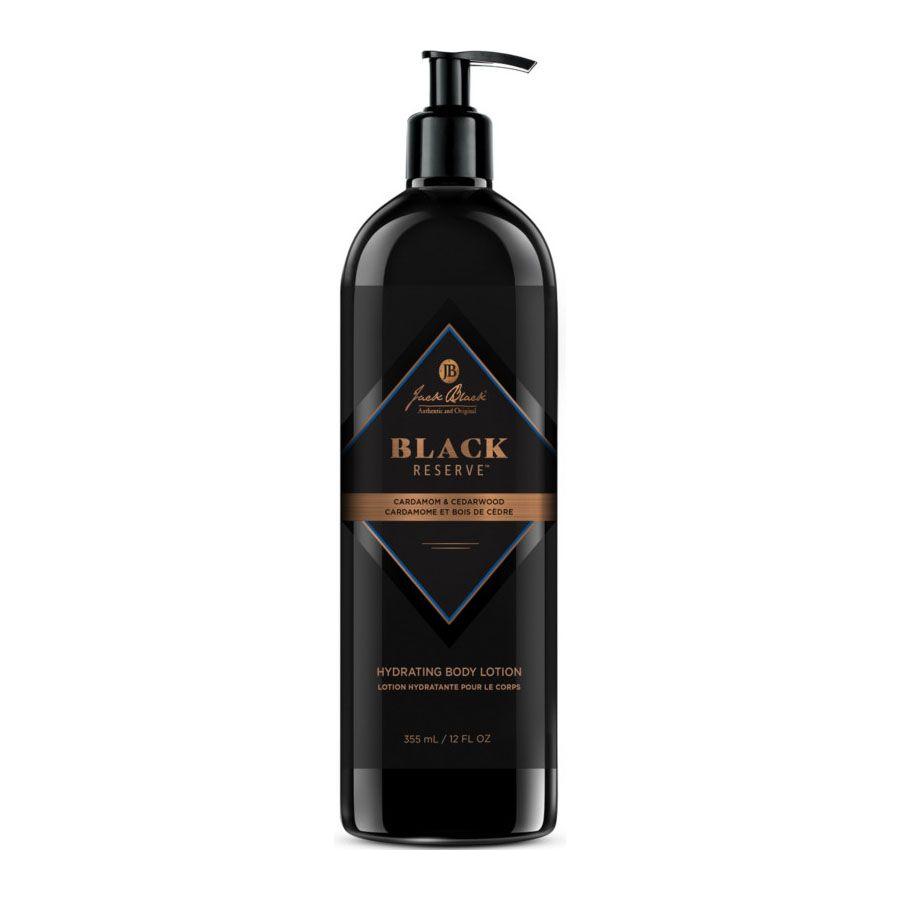 Jack Black Black Reserve Hydrating Body Lotion in a 12 oz bottle, moisturizing and nourishing skin with a sleek black packaging.