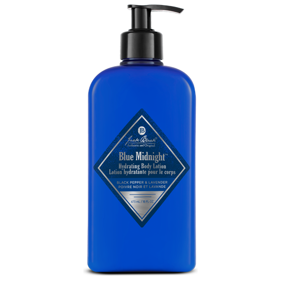 Jack Black Blue Midnight Hydrating Body Lotion in a 16 oz bottle, featuring a sleek design and blue packaging.