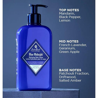Jack Black Blue Midnight Hydrating Body Lotion in a 16 oz bottle, featuring sleek packaging and blue accents.