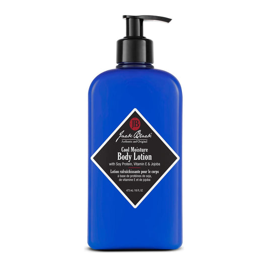 Jack Black Cool Moisture Body Lotion with soy protein, vitamin E, and jojoba, 16 oz bottle, showing the lotion and packaging