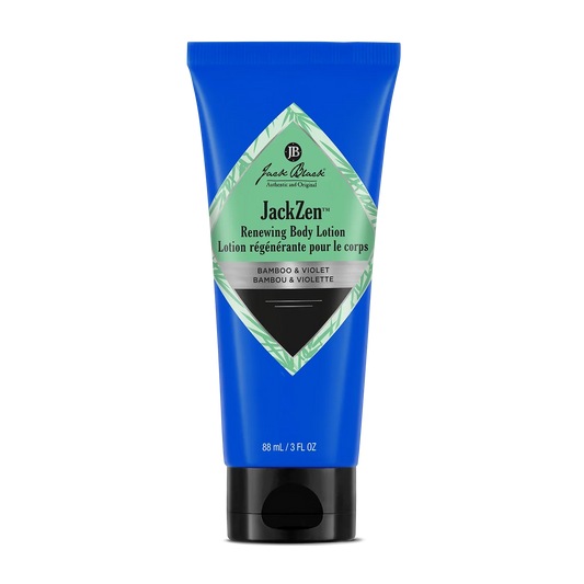 Jack Black JackZen renewing body lotion in a 3 oz bottle, featuring a sleek design and natural ingredients for nourishing skin.