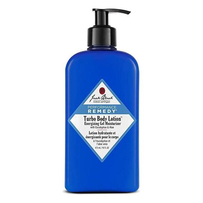 Jack Black Turbo Body Lotion energizing gel moisturizer in 16 oz. bottle, with clear gel texture and pump dispenser visible.
