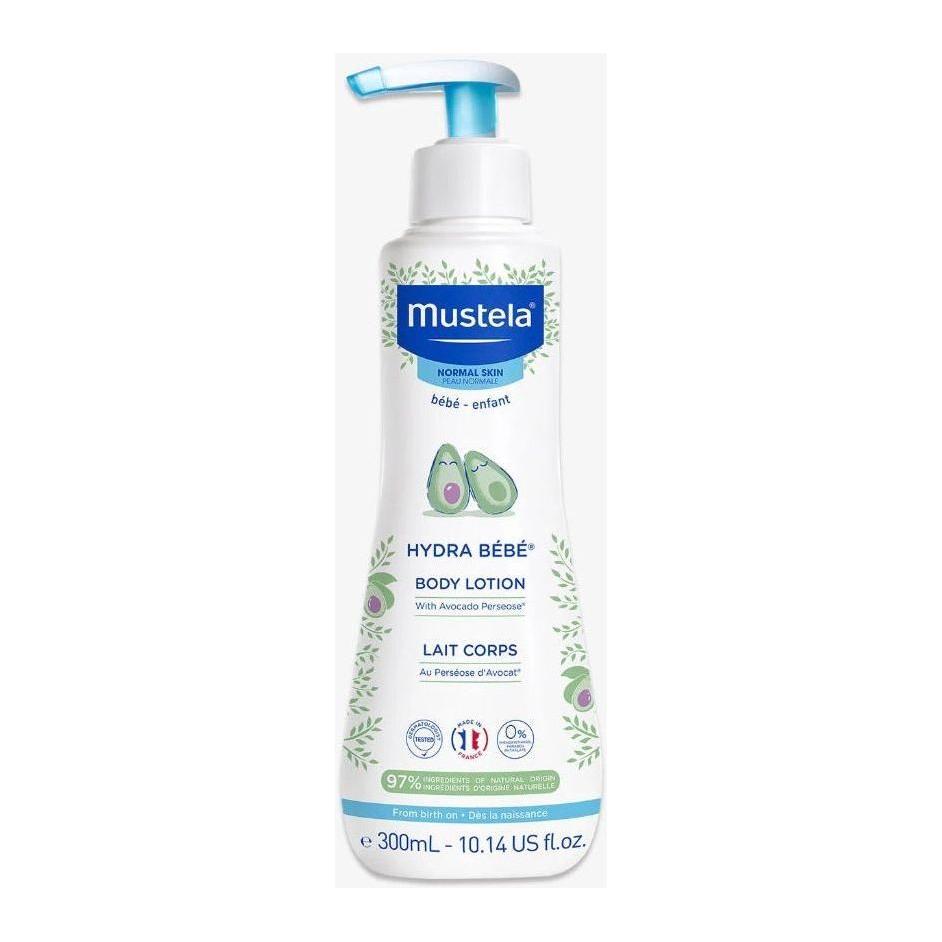 Mustela Hydra Bebe Body Lotion in a 10.14 fl oz bottle, moisturizing baby body lotion with gentle formula.