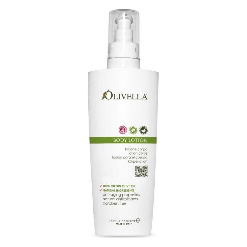 Olivella Body Lotion 500ml bottle from Pasteur Pharmacy, smooth moisturizer for skin care, white pump bottle with label