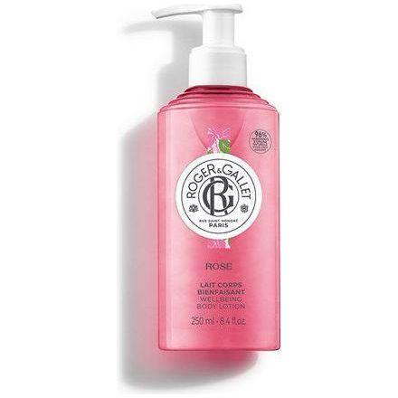 Roger & Gallet Rose Wellbeing Body Lotion 250ml bottle with floral label and elegant packaging.