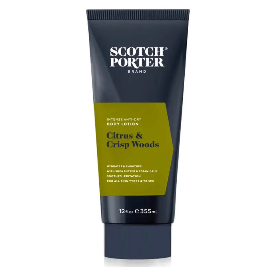 Scotch Porter Citrus & Crisp Woods Body Lotion in 12 oz bottle, featuring a sleek packaging with citrus and woody scent elements.