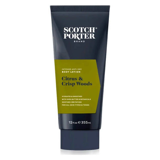 Scotch Porter Citrus & Crisp Woods Body Lotion in 12 oz bottle, featuring a sleek packaging with citrus and woody scent elements.
