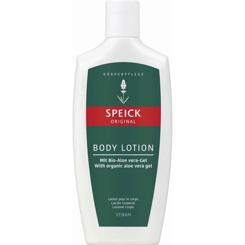 Speick Original Body Lotion in 8.5 oz bottle, moisturizing skincare product by Pasteur Pharmacy with a simple white and green label.