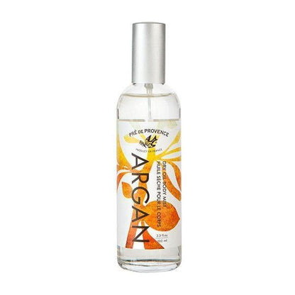 Pre De Provence Argan Sweet Orange Dry Oil Body Mist in 100ml spray bottle, featuring vibrant orange and luxurious oil finish.