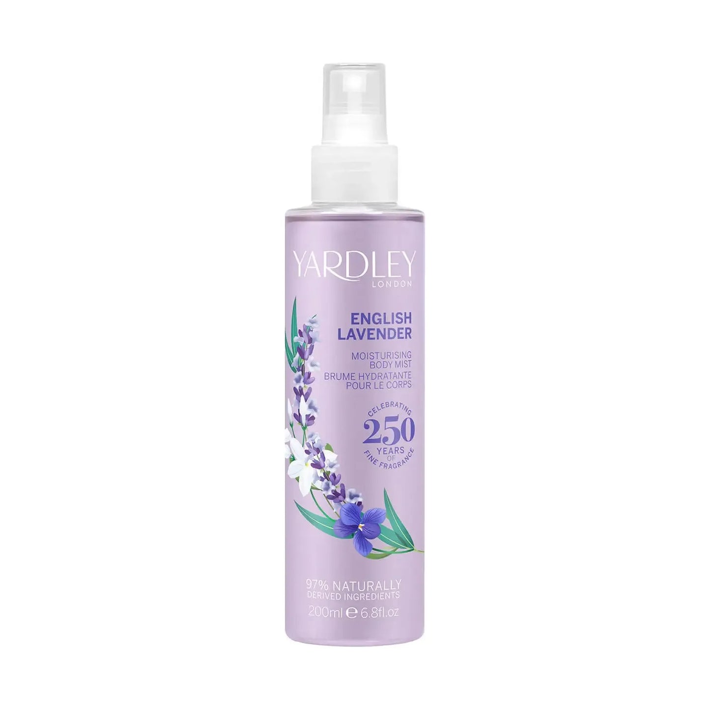 Yardley English Lavender Body Mist by Pasteur Pharmacy, 6.8 fl oz, featuring a lavender-scented spray bottle with floral accents