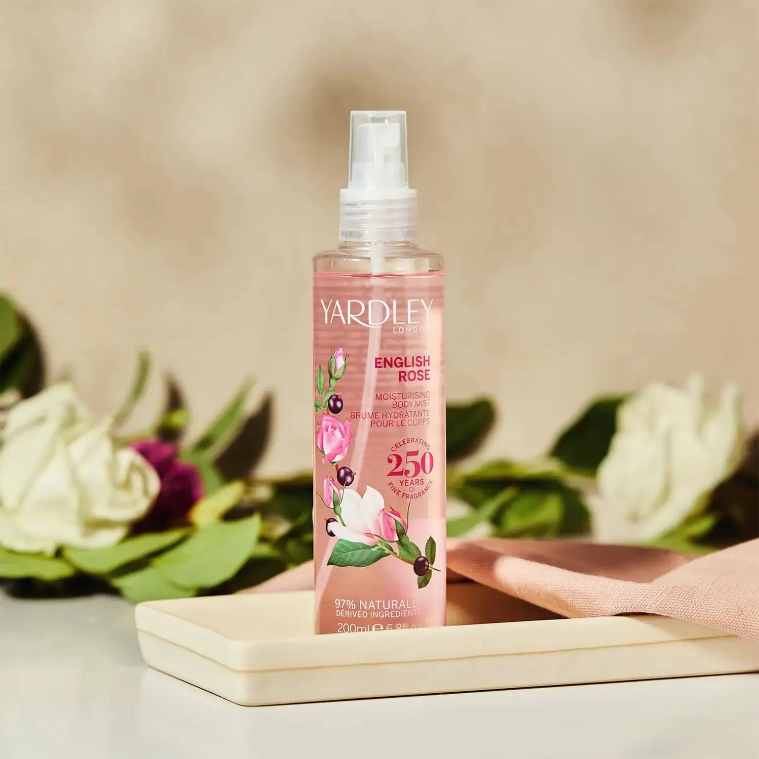Yardley English Rose Body Mist by Pasteur Pharmacy, 6.8 fl oz bottle, featuring a floral rose scent with elegant packaging.