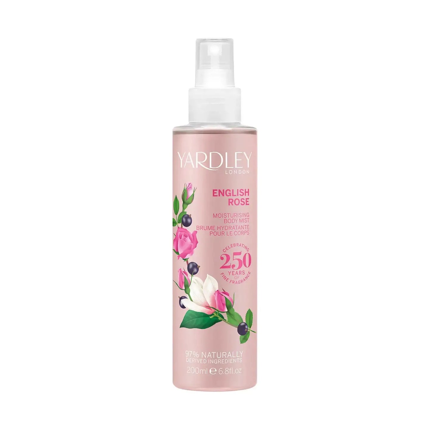 Yardley English Rose Body Mist by Pasteur Pharmacy, 6.8 fl oz bottle with floral rose scent and elegant packaging.