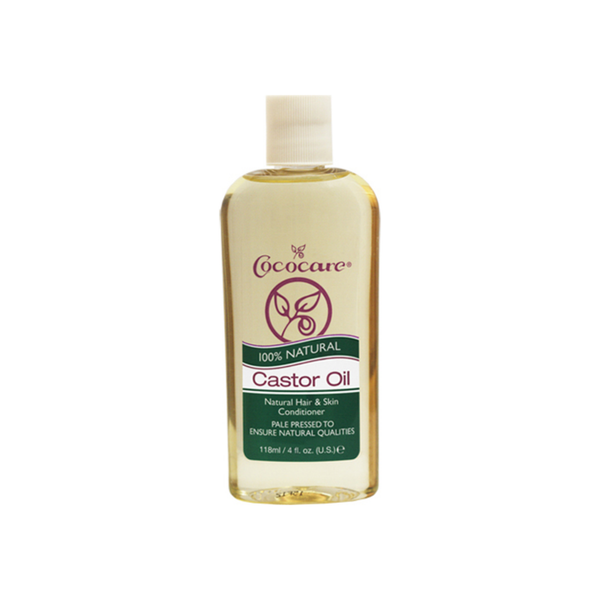 Pasteur Pharmacy Cococare 100% Natural Castor Oil body oil in 4 fl oz (118 ml) bottle, shown with clear label and oil inside.