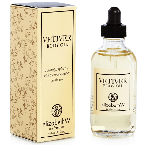 Elizabeth W Vetiver Body Oil by Pasteur Pharmacy, 4oz bottle, featuring smooth, nourishing vetiver-infused body oil for skin.