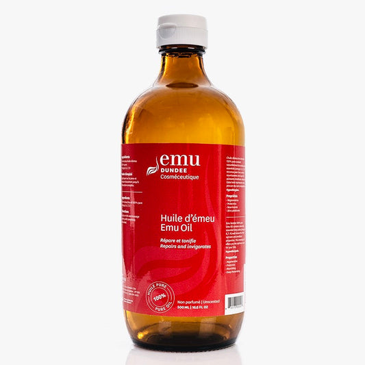 Liquid emu oil in a 500 mL bottle, natural body oil from Pasteur Pharmacy, suitable for skin moisturizing and soothing.