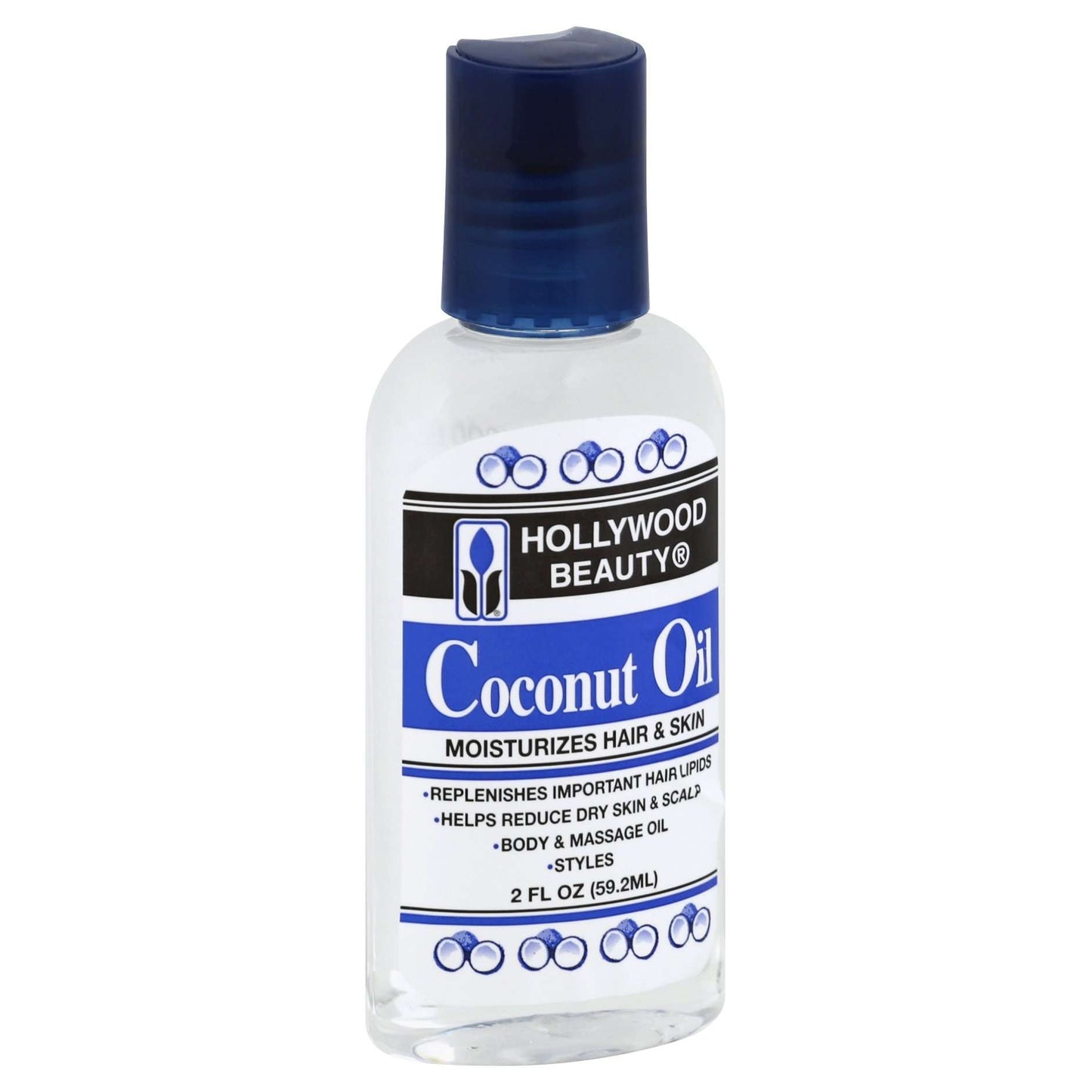 Hollywood Beauty Coconut Oil body oil in a 2 fl oz bottle by Pasteur Pharmacy, featuring a clear container with coconut oil inside.