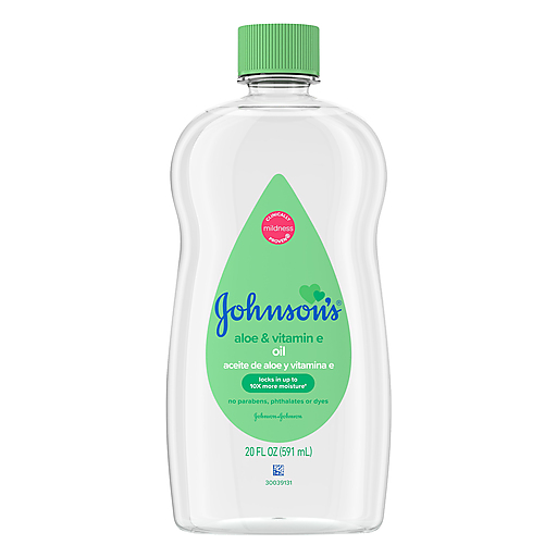 Johnson's Baby Oil with Aloe Vera and Vitamin E, 20 oz, moisturizing body oil in a clear bottle with a flip cap.