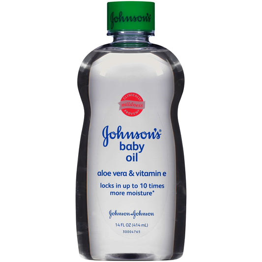 Johnson's Baby Oil with Aloe Vera and Vitamin E in a 14 fl oz bottle, natural body oil for gentle skin care.