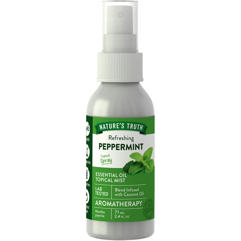 Peppermint essential oil topical mist in a 2.4 fl oz bottle from Nature's Truth, suitable for aromatherapy and body use.