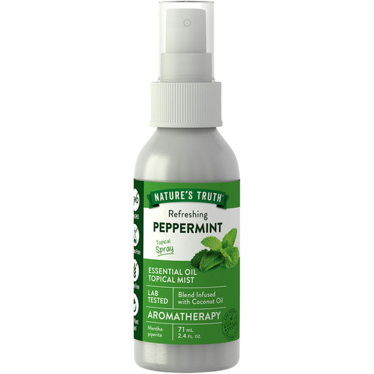 Peppermint essential oil topical mist in a 2.4 fl oz bottle from Nature's Truth, suitable for aromatherapy and body use.