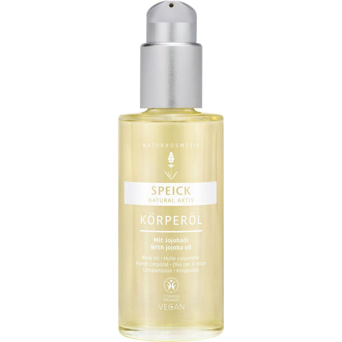 Speick Body Oil with Jojoba Oil from Pasteur Pharmacy, smooth and nourishing body oil in a clear bottle with a pump dispenser.