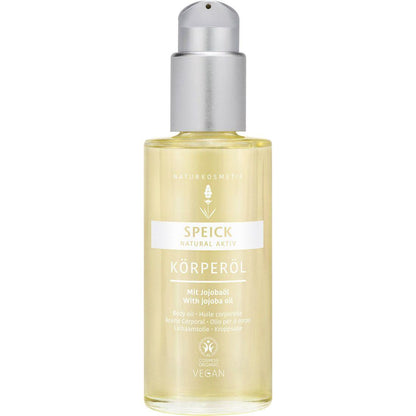 Speick Body Oil with Jojoba Oil from Pasteur Pharmacy, smooth and nourishing body oil in a clear bottle with a pump dispenser.