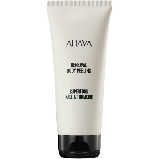 Ahava Superfood Kale & Turmeric Renewal Body Peeling in 200ml bottle, featuring natural ingredients for exfoliation and skin renewal.