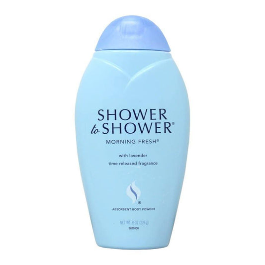 Bausch + Lomb Shower to Shower Body Powder Morning Fresh in 8 oz container, fine powder with a fresh scent, for gentle skin refreshment.