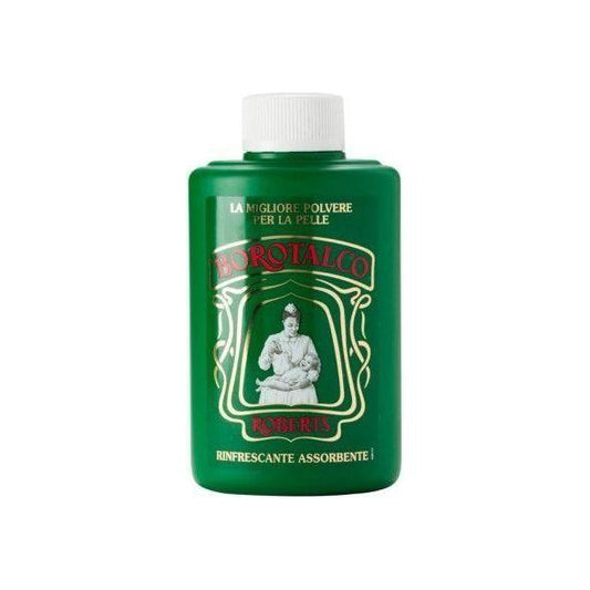 Borotalco Body Powder talcum in a shaker bottle, 200g, by Pasteur Pharmacy, with white powder visible inside.