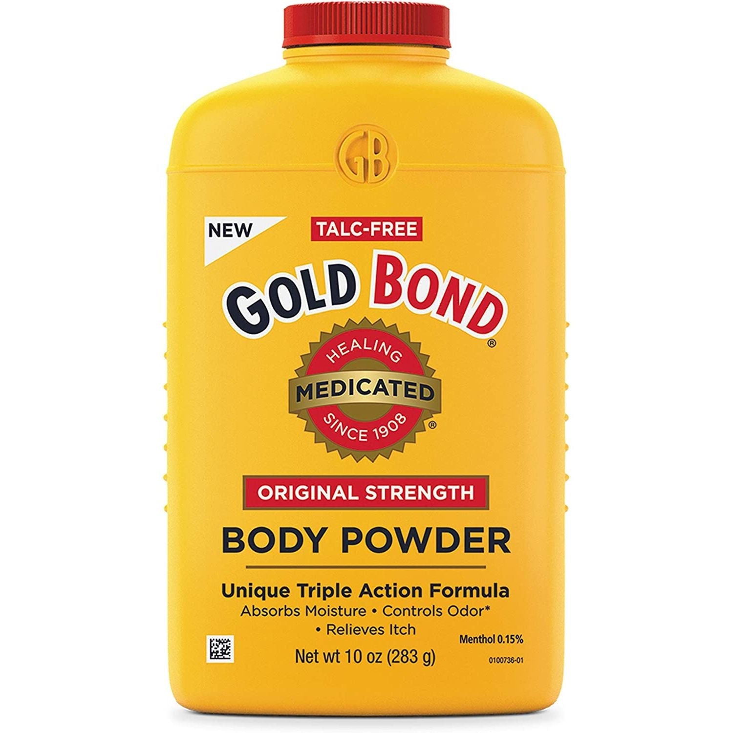 Gold Bond Medicated Original Strength Body Powder in 10 oz container, featuring a white and gold packaging for soothing skin care.