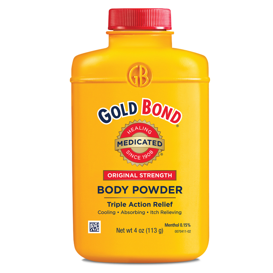 Gold Bond Medicated Original Strength Body Powder in 4 oz container, featuring a white and blue packaging with product label