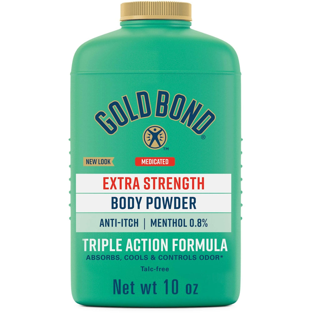 Gold Bond Medicated Talc-Free Extra Strength Body Powder in 10 oz container, natural white powder for skin care.
