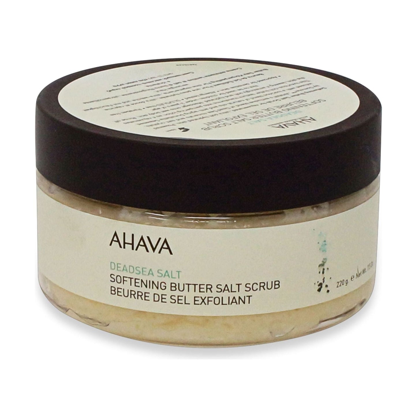 Ahava Dead Sea Softening Butter Salt Scrub in 8 oz jar, a luxurious body scrub with moisturizing ingredients and salt crystals.