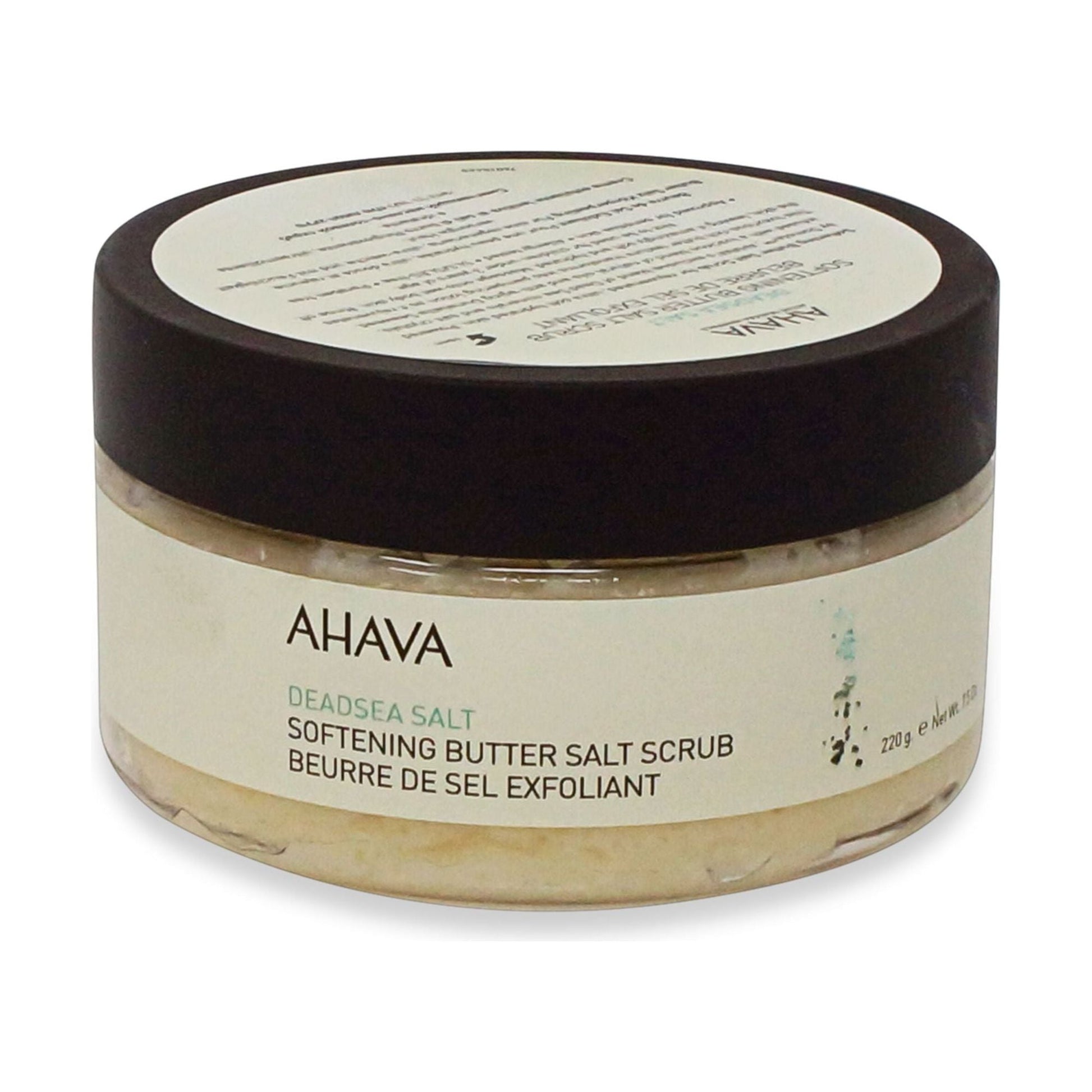 Ahava Dead Sea Softening Butter Salt Scrub in 8 oz jar, a luxurious body scrub with moisturizing ingredients and salt crystals.