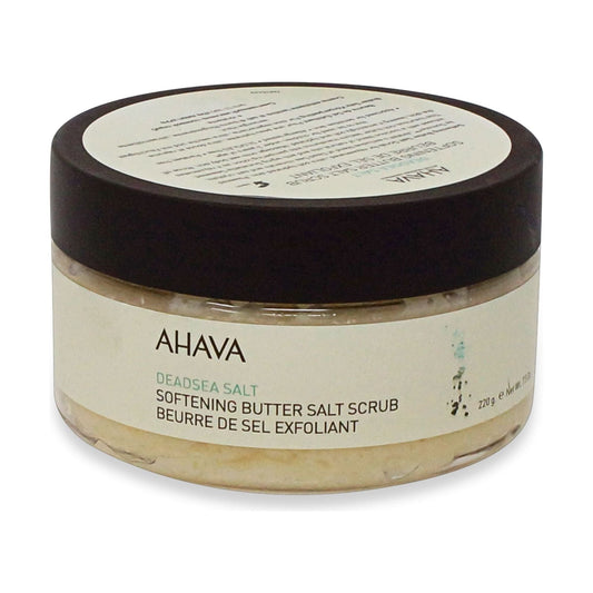 Ahava Dead Sea Softening Butter Salt Scrub in 8 oz jar, a luxurious body scrub with moisturizing ingredients and salt crystals.