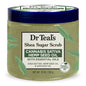 Dr Teal's Cannabis Sativa Hemp Seed Oil Shea Sugar Body Scrub, 19 oz, in a tub showing creamy texture with natural ingredients.