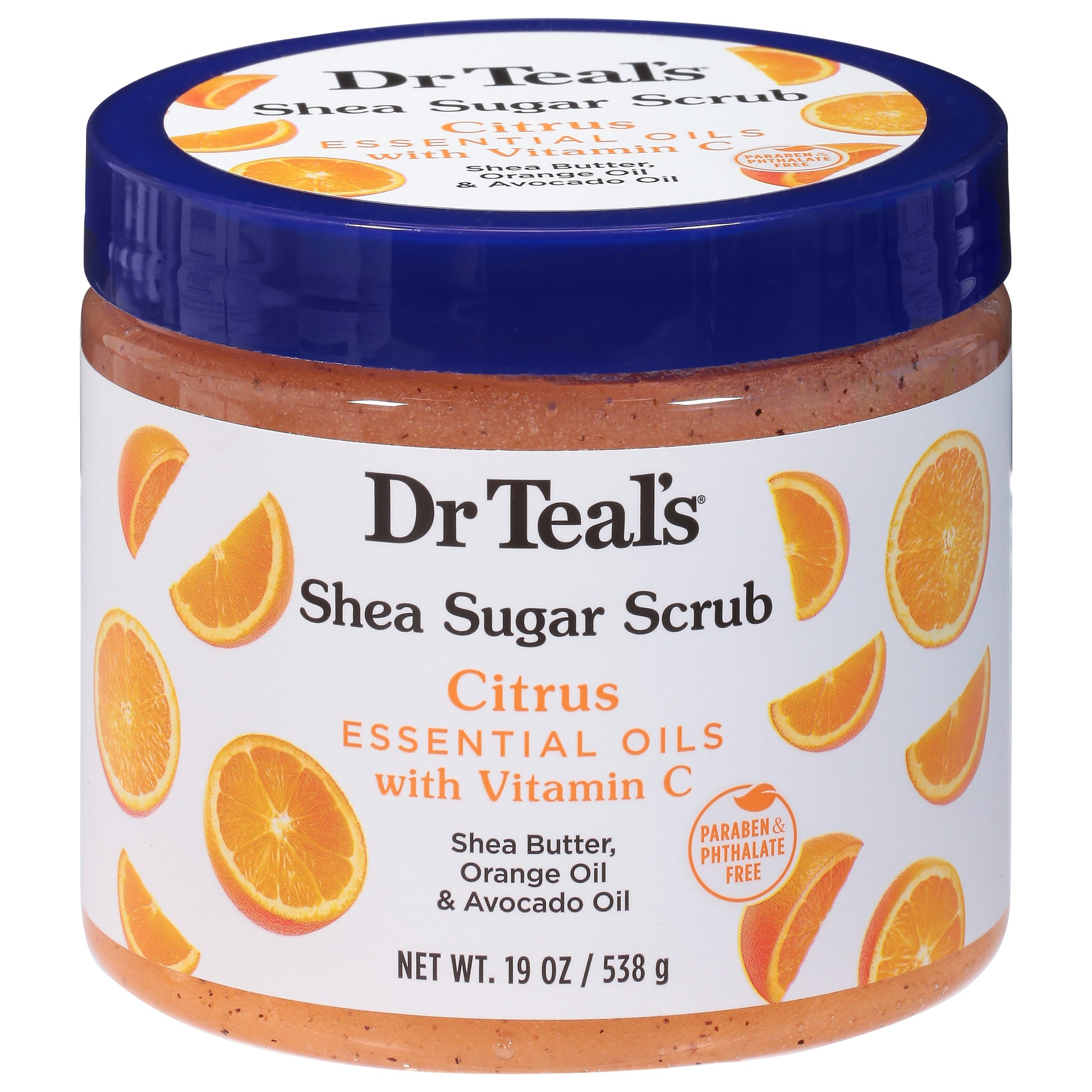 Dr Teal's Citrus Essential Oils Shea Sugar Scrub in 19 oz container, showcasing the textured body scrub with citrus and vitamin C ingredients.