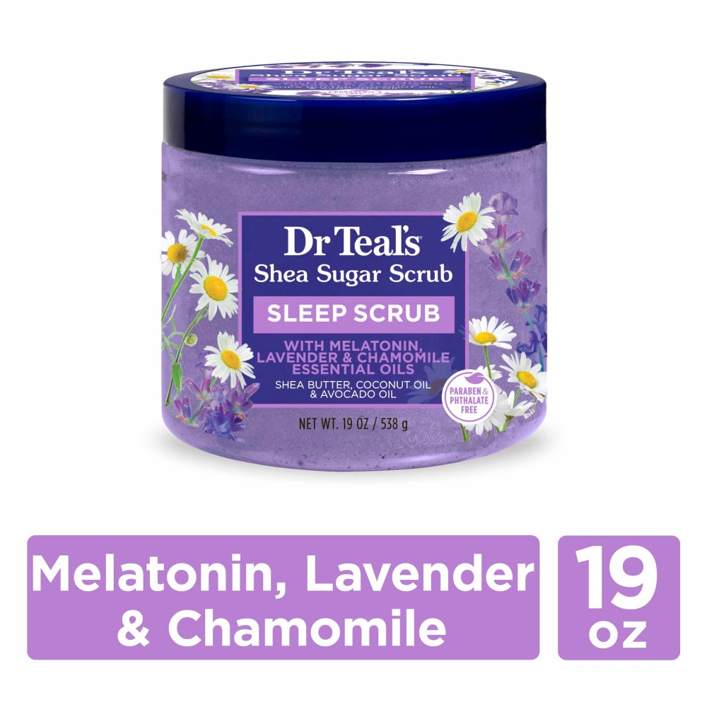 Dr Teal's Melatonin Shea Sugar Scrub in 19 oz jar, featuring essential oils and a soothing body scrub texture.