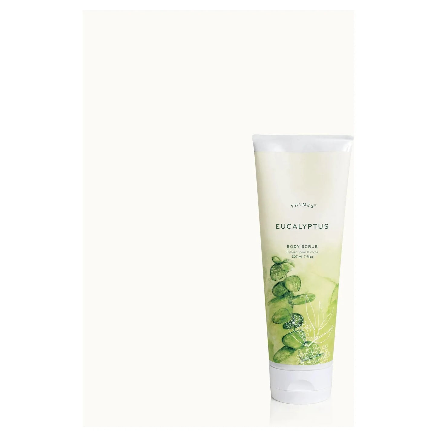 Thymes Eucalyptus Body Scrub in a 7 oz jar, featuring a natural exfoliating scrub with eucalyptus scent, by Pasteur Pharmacy.