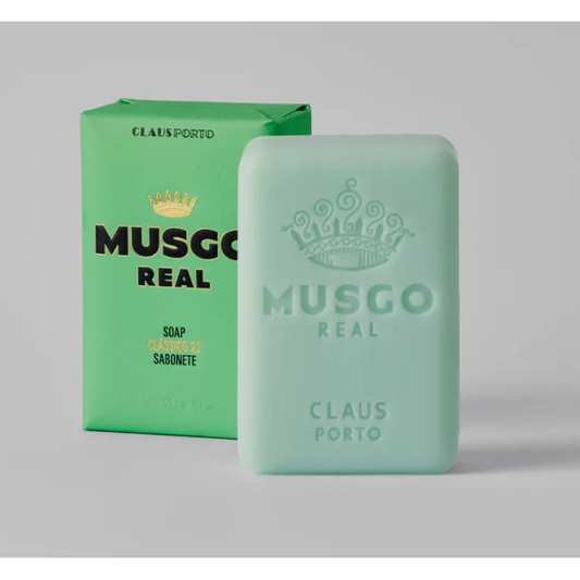 Claus Porto Musgo Real Clássico 22 body soap in a 5.6 oz bar, featuring elegant packaging with a traditional design.