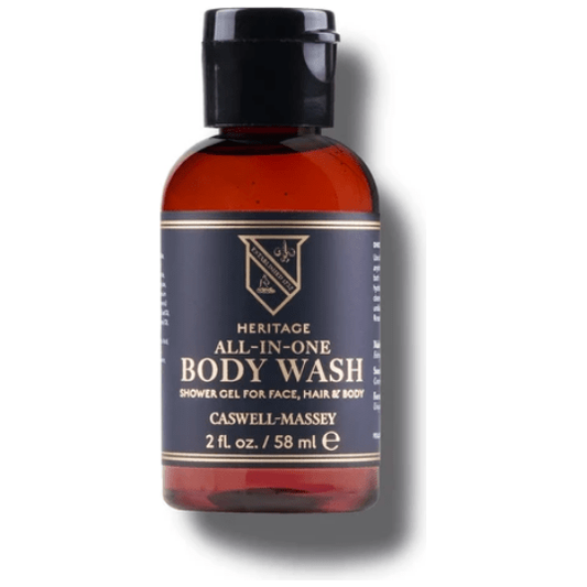 Caswell Massey Heritage All-In-One Body Wash collection in 2 oz bottles, featuring natural ingredients and elegant packaging.