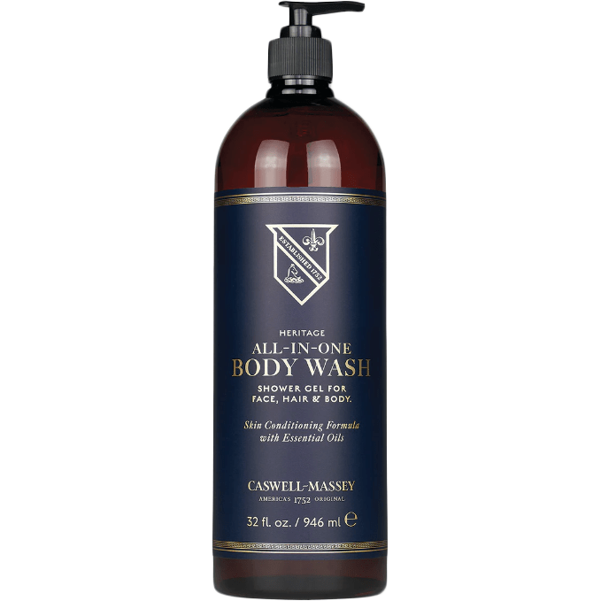 Caswell Massey Heritage All-In-One Body Wash collection with multiple 2 oz bottles, featuring natural ingredients and elegant packaging.