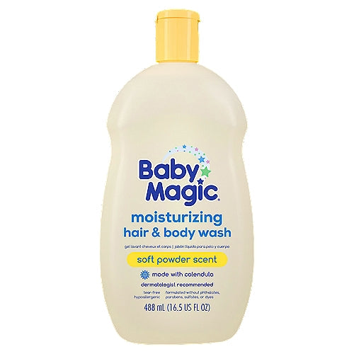 Baby Magic Soft Powder Scent Body Wash by Pasteur Pharmacy, moisturizing formula for hair and skin, 16.5 fl oz bottle.