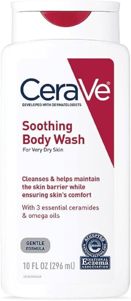 CeraVe Eczema Soothing Body Wash in 10 fl oz bottle, gentle formula for sensitive skin, featuring hydrating and soothing ingredients.