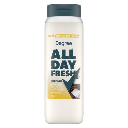 Degree All Day Fresh Coconut Body Wash by Pasteur Pharmacy in 20 oz bottle, showing the product with coconut scent branding