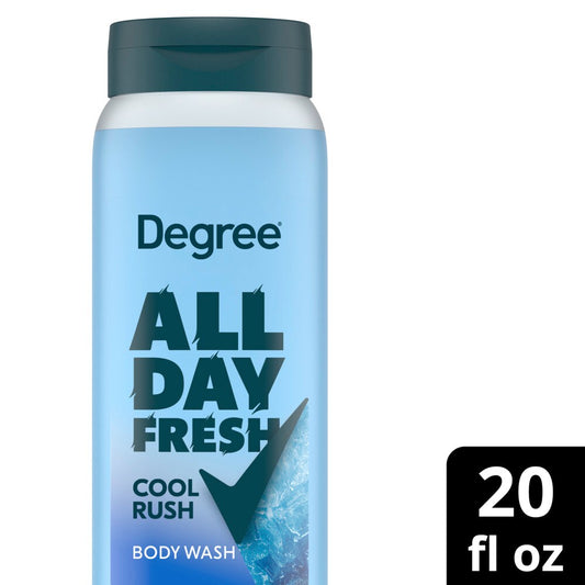 Degree All Day Fresh Cool Rush Body Wash in 20 oz bottle, featuring a refreshing scent and creamy lather for daily cleansing.