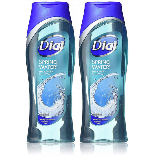 Dial Body Wash with Spring Water scent in a 16 fl oz bottle, featuring clear liquid and a simple pump dispenser.