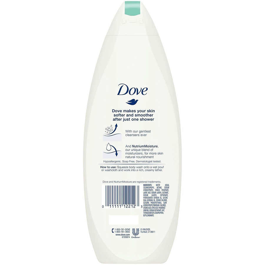 Dove Sensitive Skin Body Wash in 12 oz bottle, hypoallergenic and fragrance-free, ideal for gentle skin cleansing