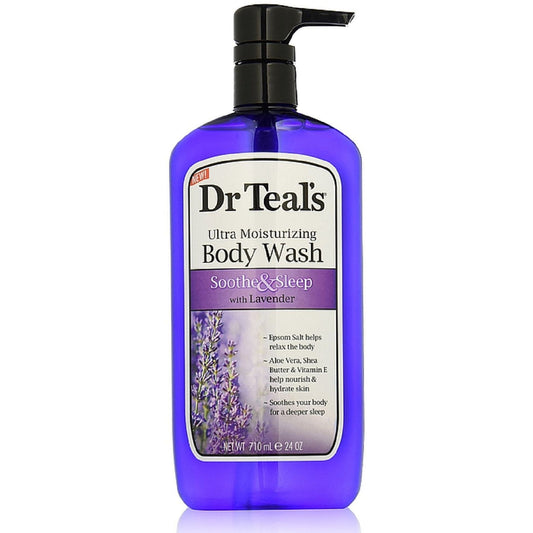 Dr Teal's Soothe & Sleep Body Wash with Epsom Salt in a 24 fl oz bottle, featuring a calming, relaxing scent and gentle cleansing formula.